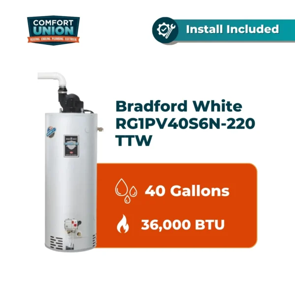 Bradford White RG1PV40S6N-220 TTW/Defender Safety System 36k btu/hr Natural Gas Standard Residential Water Heater