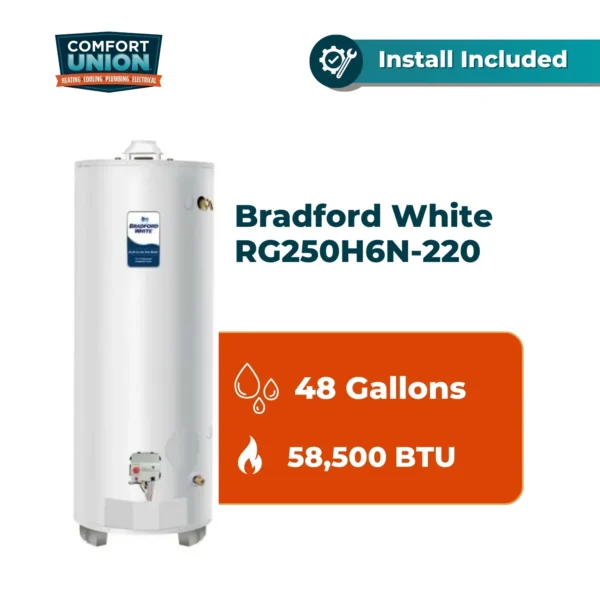 Bradford White RG250H6N-220 Defender Safety System 58.5k btu/hr High Input Natural Gas Residential Water Heater