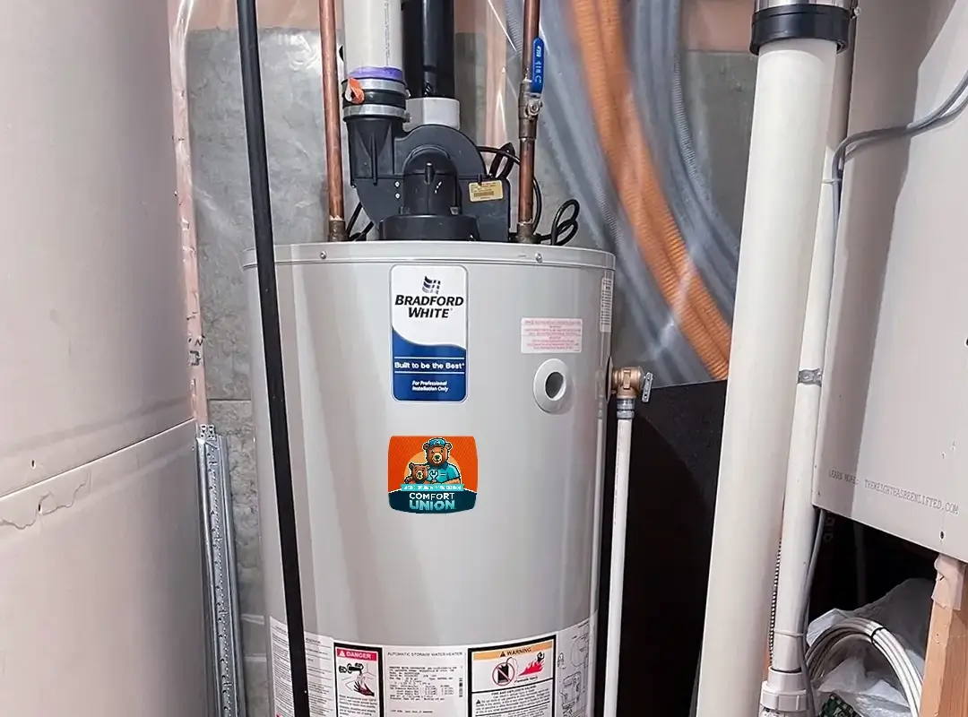 After complete installation of tankless water heater setup with exposed piping and vent lines by Comfort Union